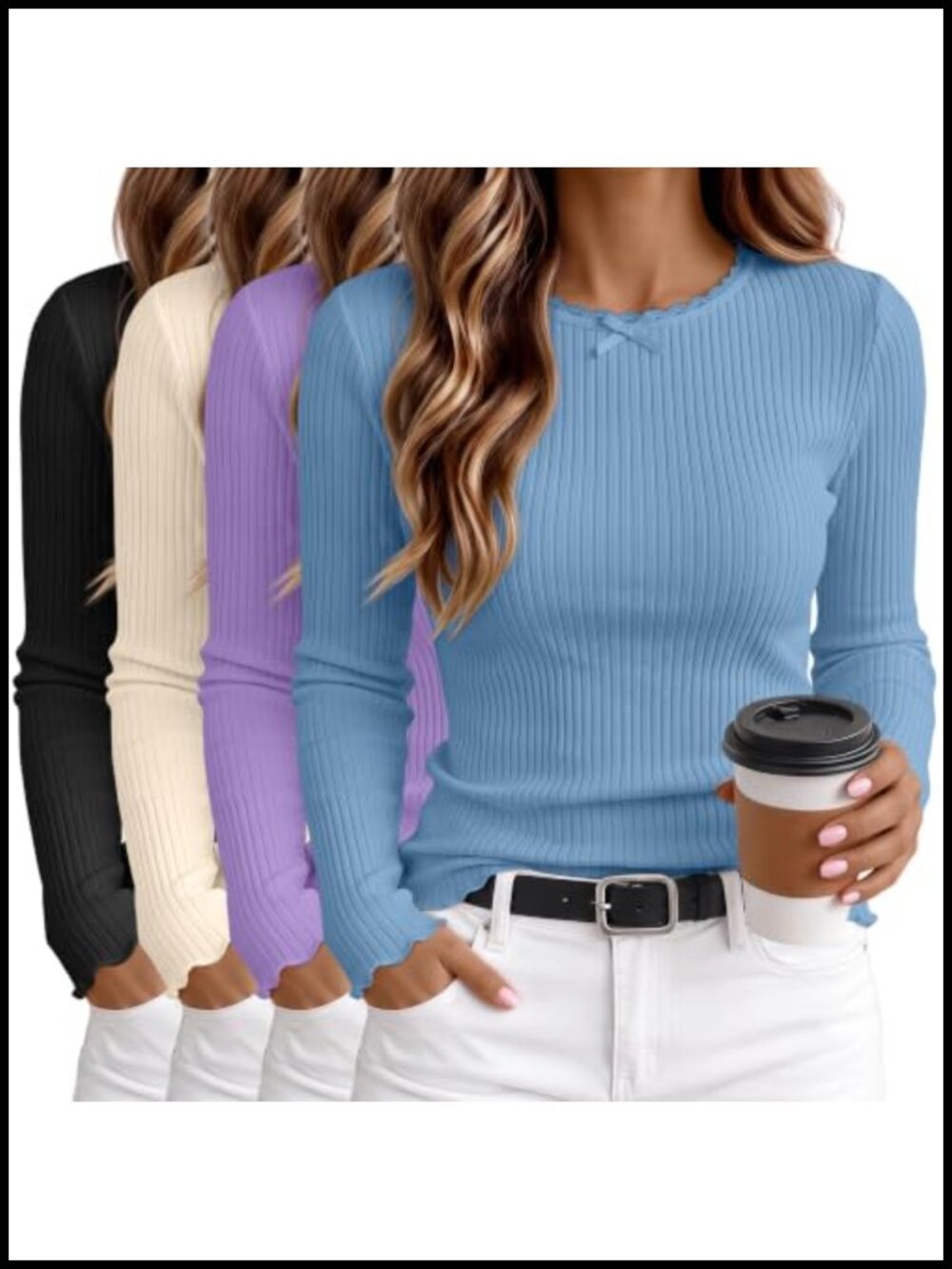 Ribbed Lace Long Sleeve Tops Slim Fit Crew Neck Women's 4 Pack